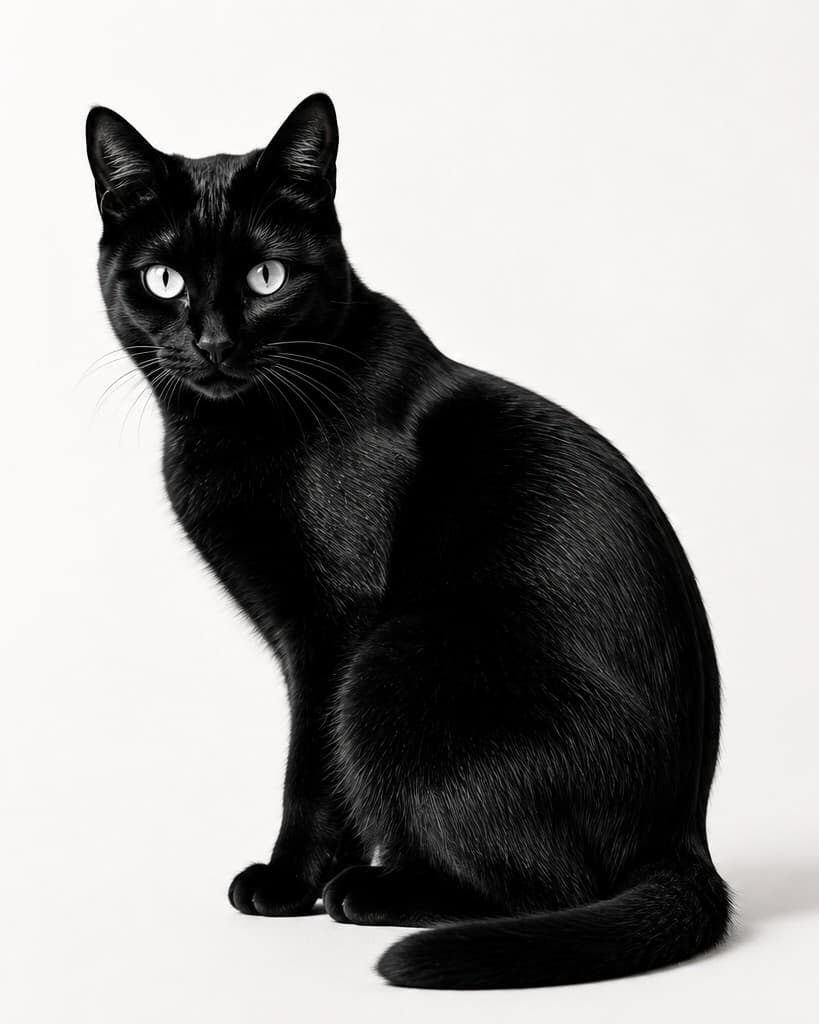 A black cat, seated and watching, on a bone-white studio ground.